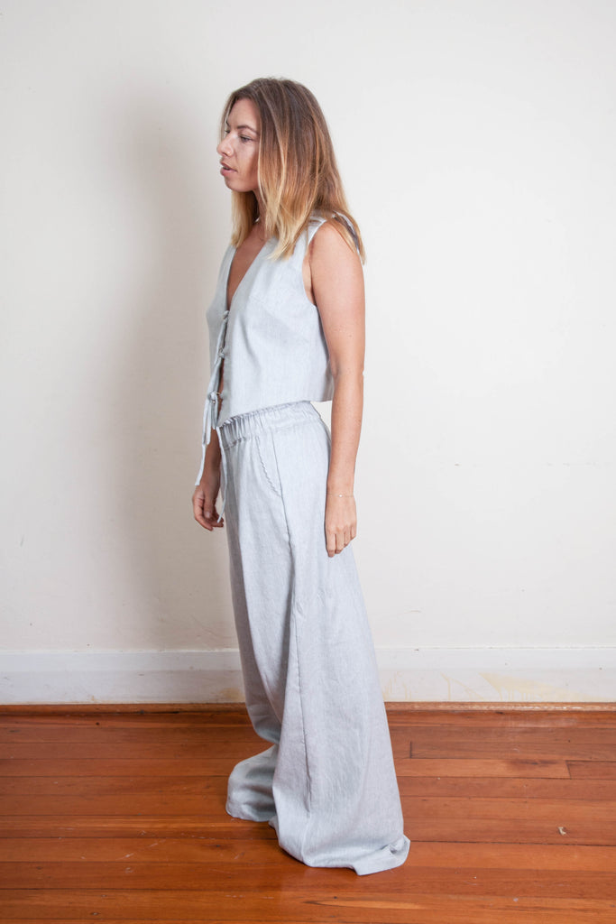 Mia Vest - Blue Grey White Linen Cotton Twill