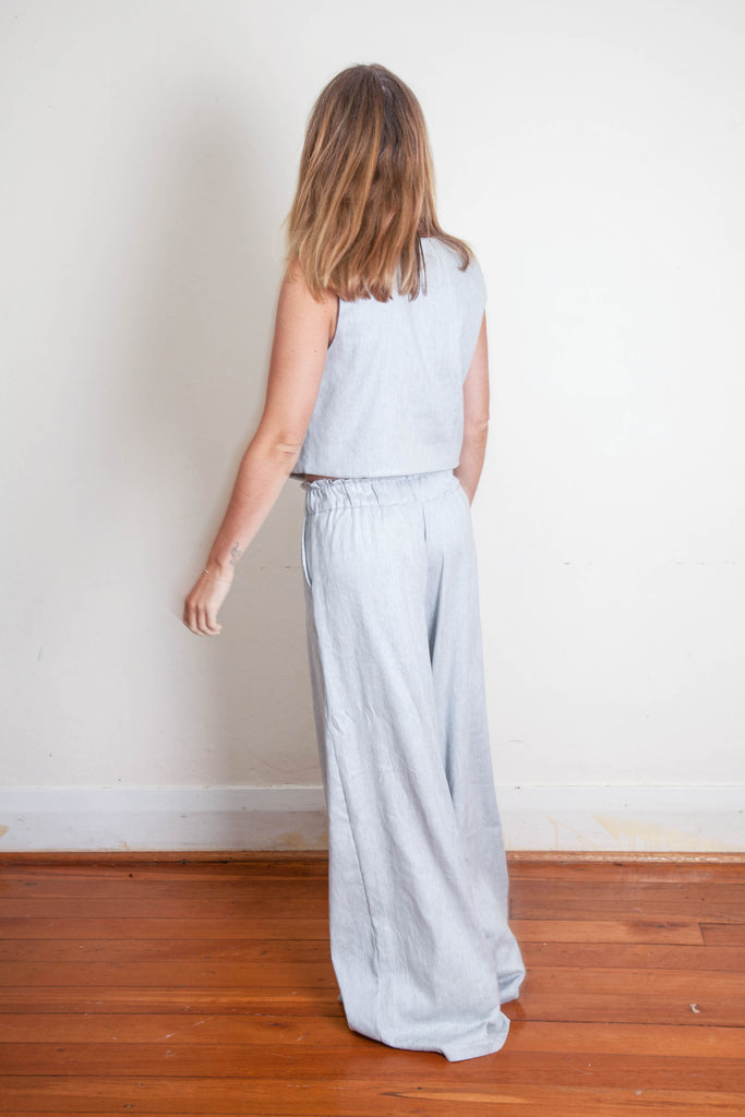 Mia Vest - Blue Grey White Linen Cotton Twill