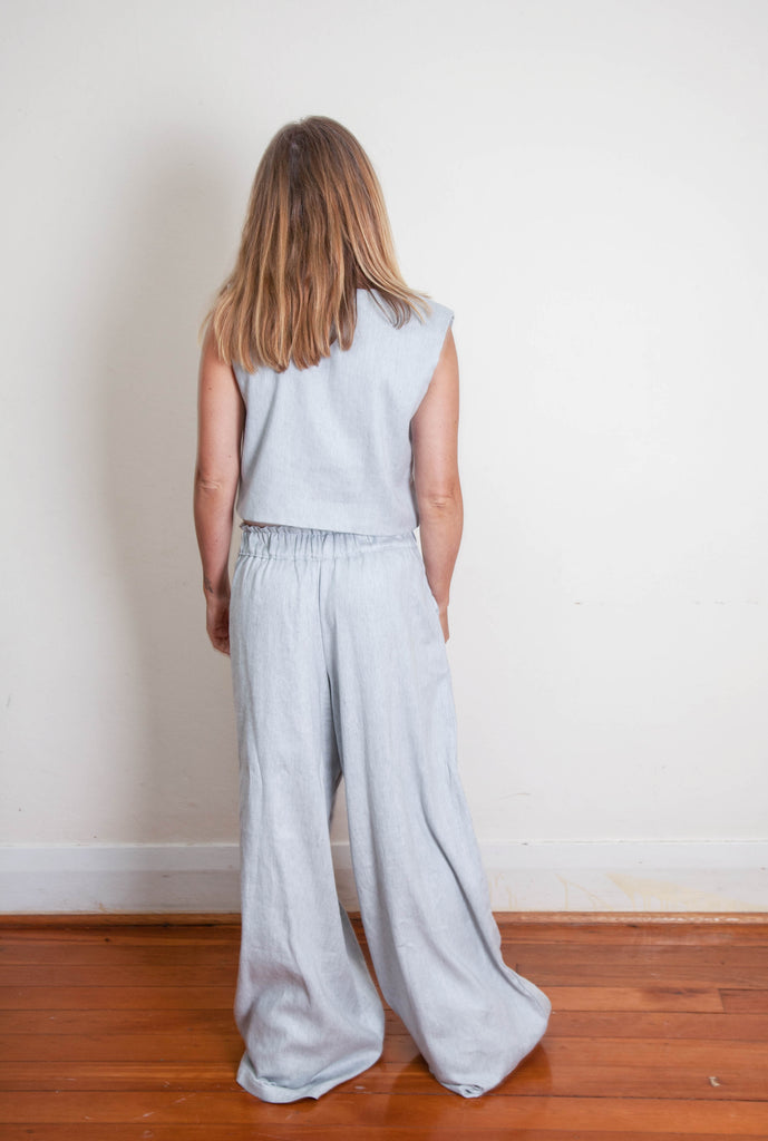 Mia Vest - Blue Grey White Linen Cotton Twill
