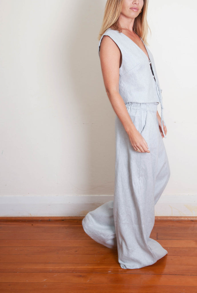 Mia Vest - Blue Grey White Linen Cotton Twill