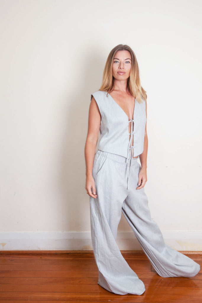 Mia Vest - Blue Grey White Linen Cotton Twill