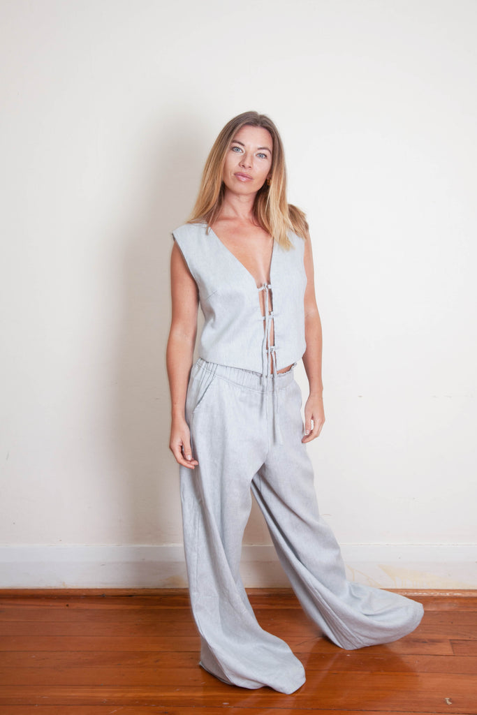 Mia Vest - Blue Grey White Linen Cotton Twill