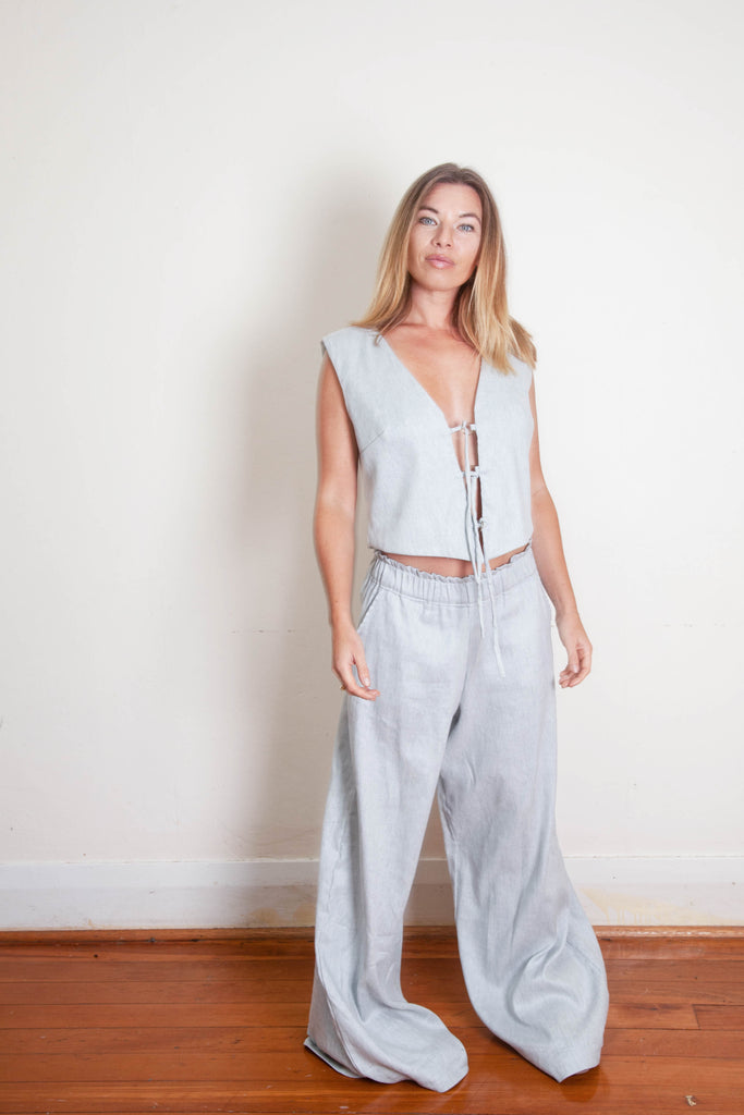 Mia Vest - Blue Grey White Linen Cotton Twill