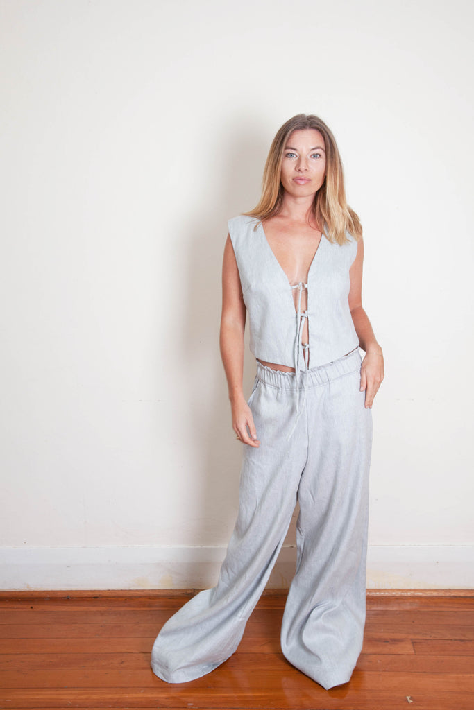 Mia Vest - Blue Grey White Linen Cotton Twill
