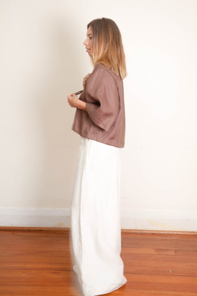 Kimmi Kimono Crop Jacket - Chocolate Linen Twill