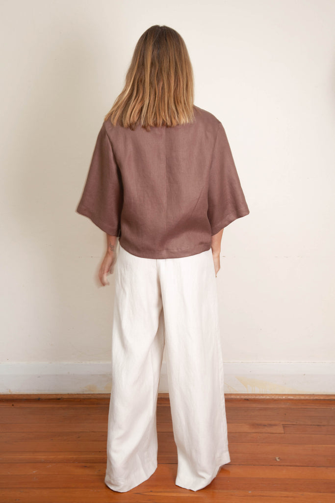 Kimmi Kimono Crop Jacket - Chocolate Linen Twill