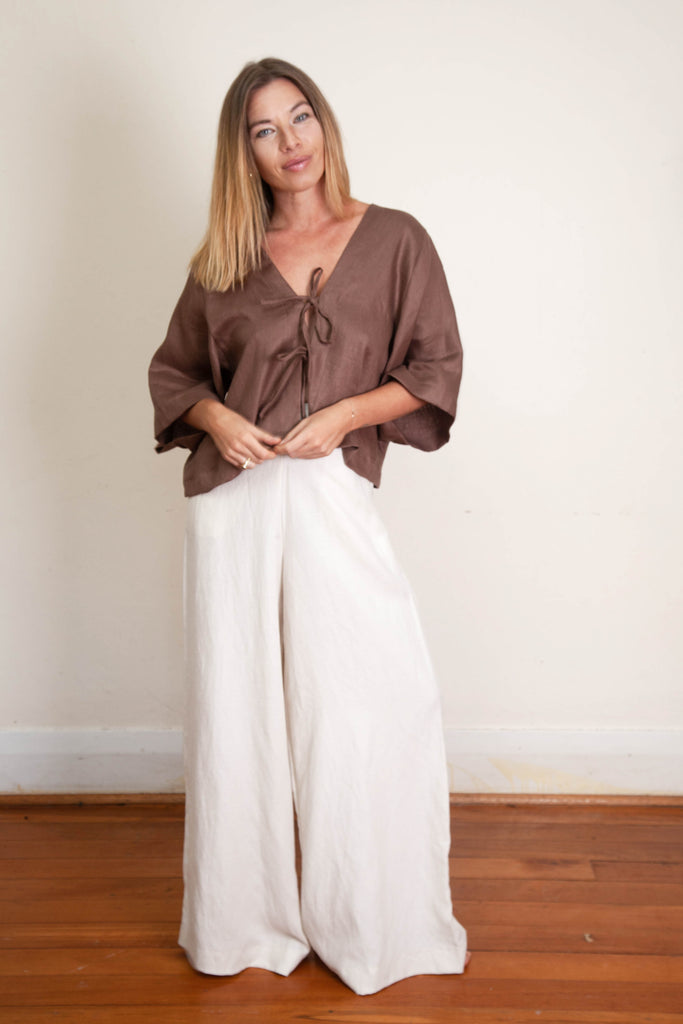 Kimmi Kimono Crop Jacket - Chocolate Linen Twill