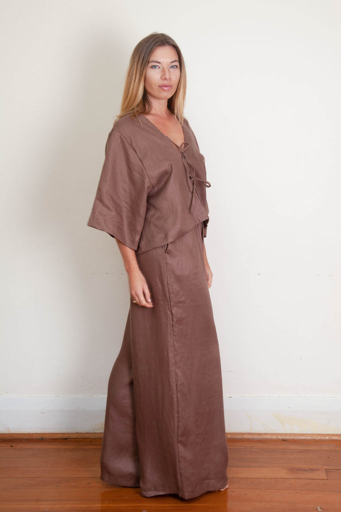 Kimmi Kimono Crop Jacket - Chocolate Linen Twill
