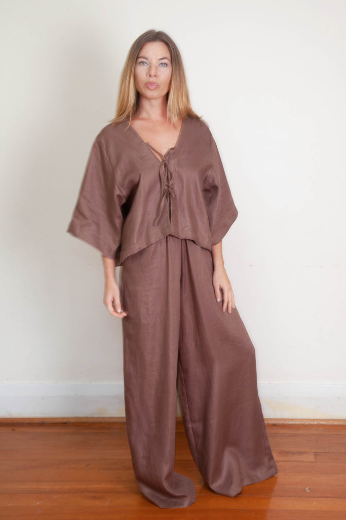 Kimmi Kimono Crop Jacket - Chocolate Linen Twill