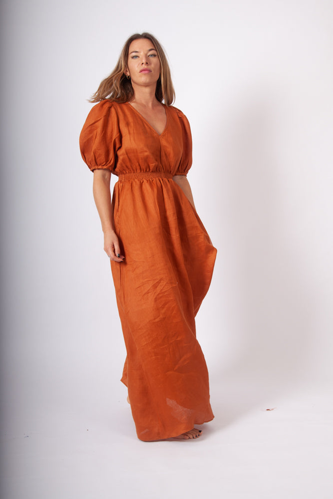 Lani Puff Sleeve Dress - Terracotta Linen