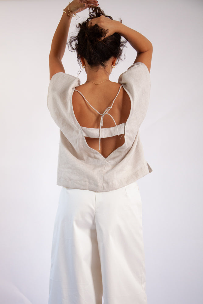 Josiane Deep Back Top - Natural Linen