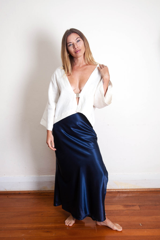 Harlow Long Bias Skirt with Side Split - Navy Silk Cotton Sateen