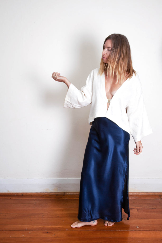 Harlow Long Bias Skirt with Side Split - Navy Silk Cotton Sateen
