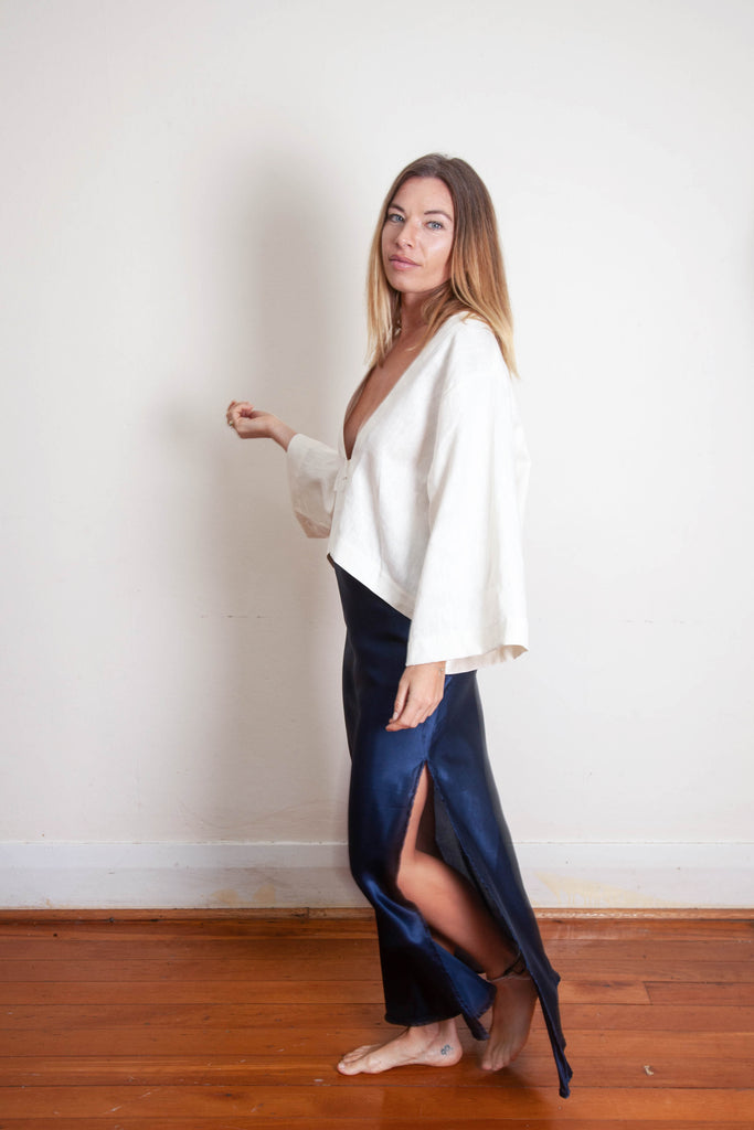 Harlow Long Bias Skirt with Side Split - Navy Silk Cotton Sateen