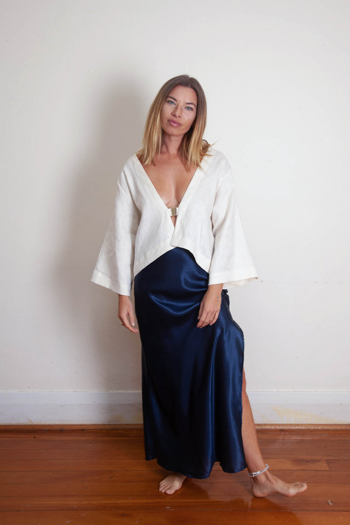 Harlow Long Bias Skirt with Side Split - Navy Silk Cotton Sateen