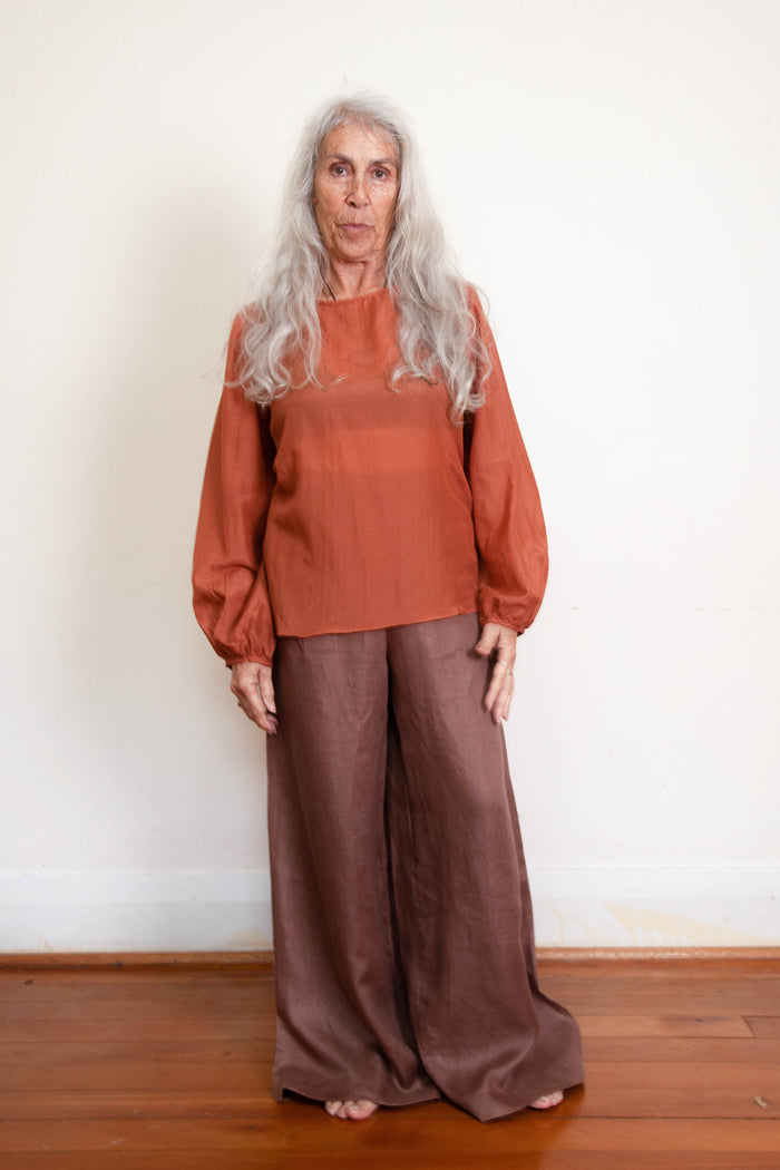 elin top in toffee silk cotton voile by scout. the label