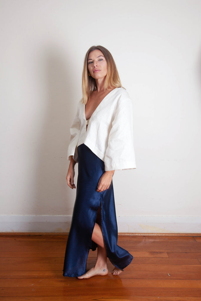 Harlow Long Bias Skirt with Side Split - Navy Silk Cotton Sateen