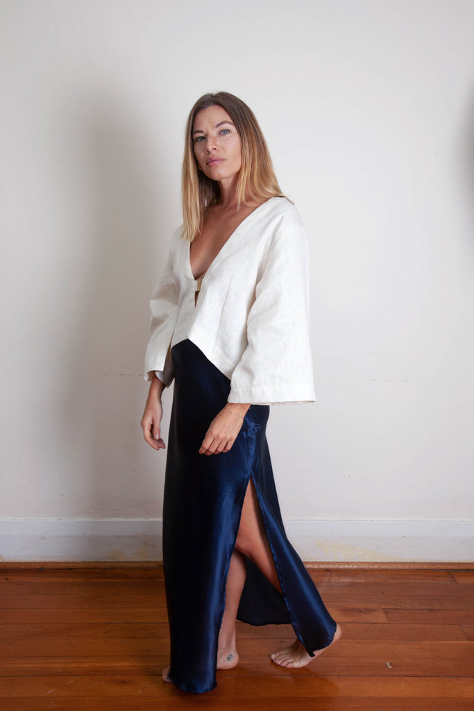 Harlow Long Bias Skirt with Side Split - Navy Silk Cotton Sateen