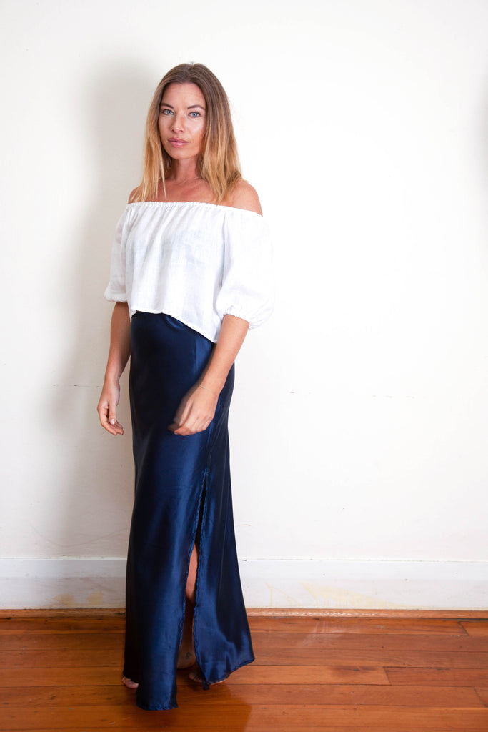 Harlow Long Bias Skirt with Side Split - Navy Silk Cotton Sateen