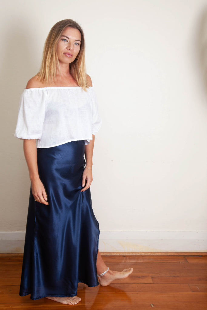 Harlow Long Bias Skirt with Side Split - Navy Silk Cotton Sateen