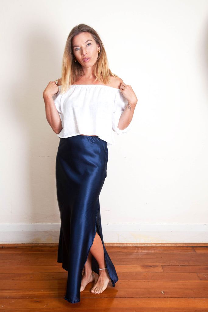 Harlow Long Bias Skirt with Side Split - Navy Silk Cotton Sateen