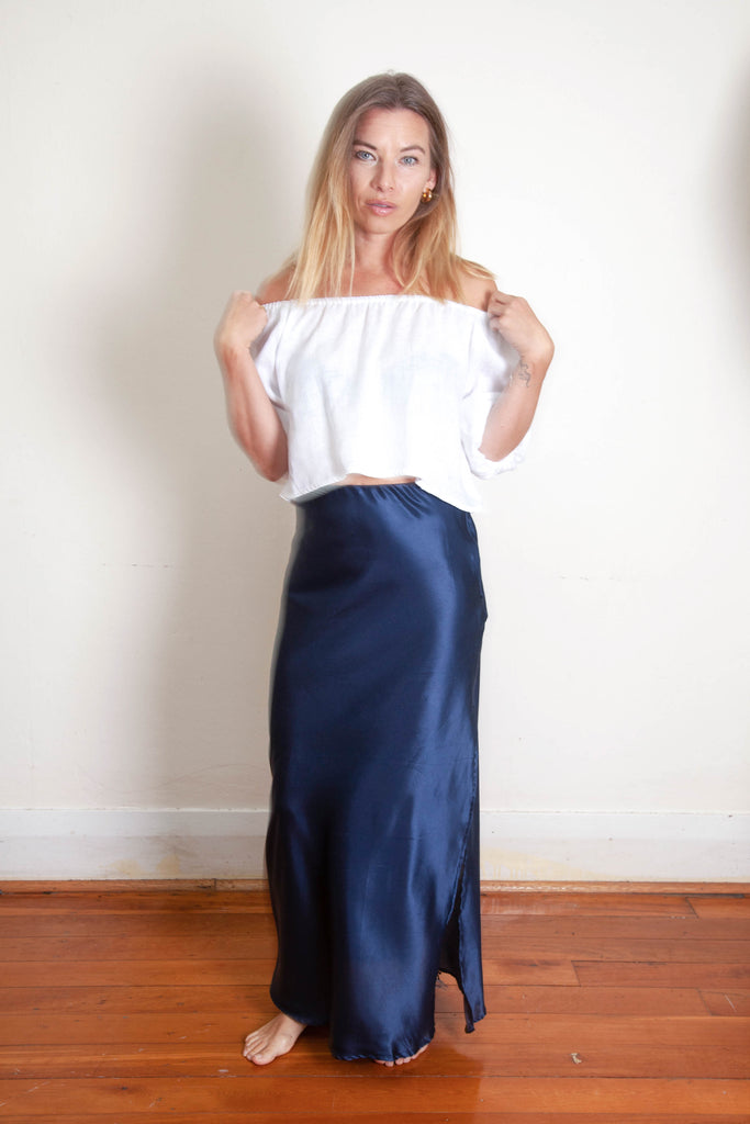 Harlow Long Bias Skirt with Side Split - Navy Silk Cotton Sateen