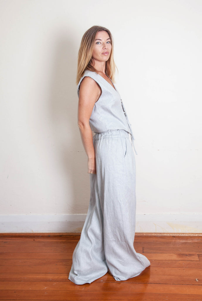 Mia Vest - Blue Grey White Linen Cotton Twill