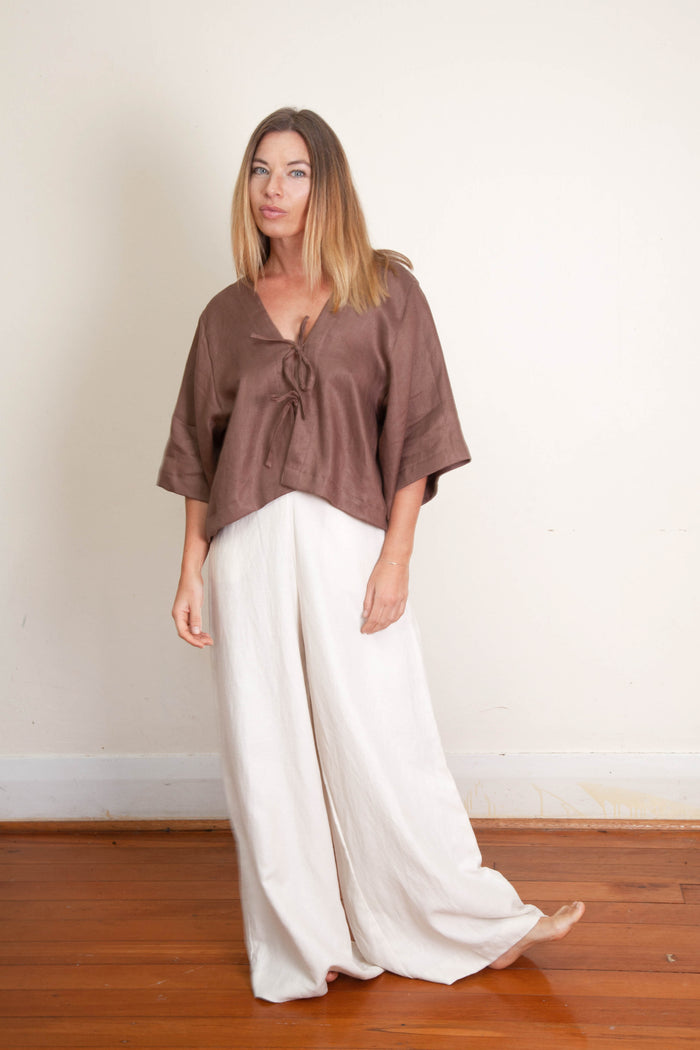 Kimmi Kimono Crop Jacket - Chocolate Linen Twill
