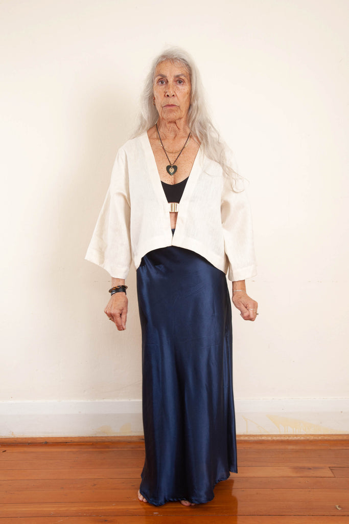 Harlow Long Bias Skirt with Side Split - Navy Silk Cotton Sateen
