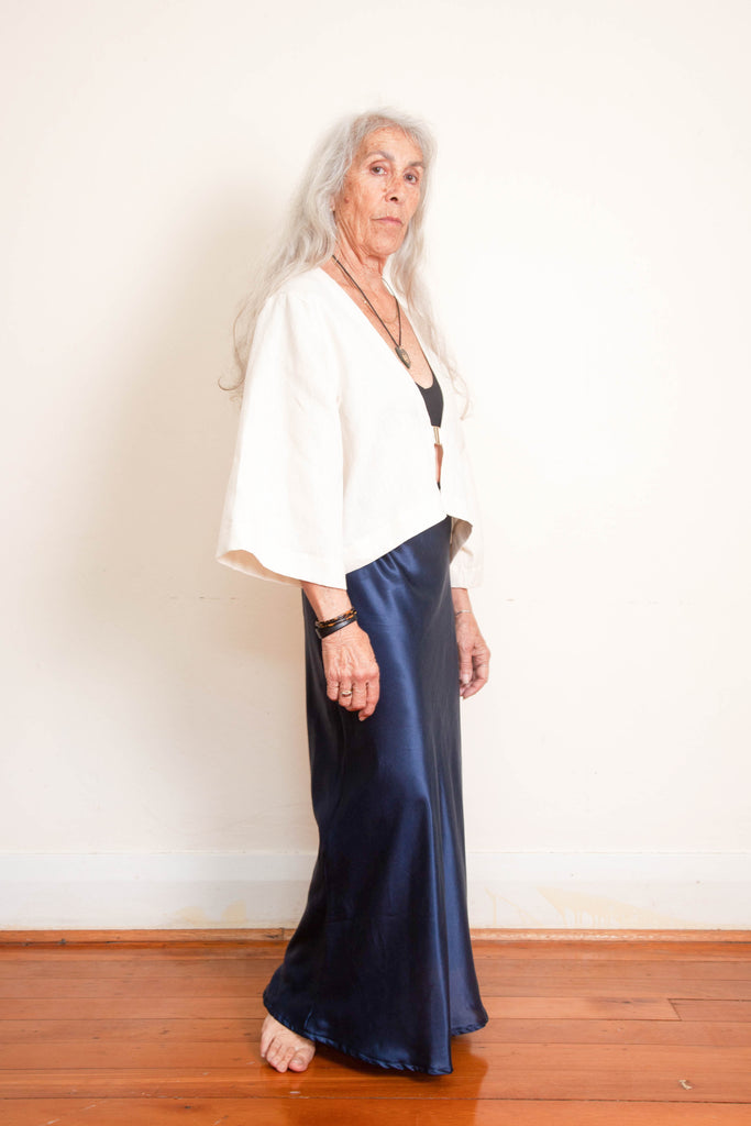 Harlow Long Bias Skirt with Side Split - Navy Silk Cotton Sateen