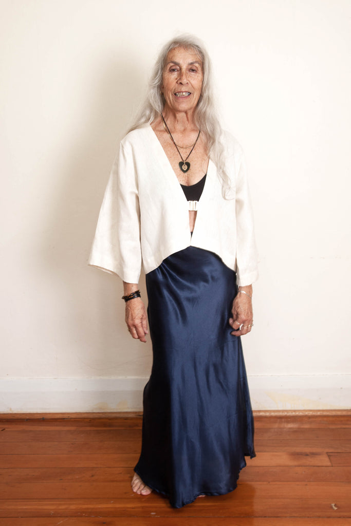 Harlow Long Bias Skirt with Side Split - Navy Silk Cotton Sateen