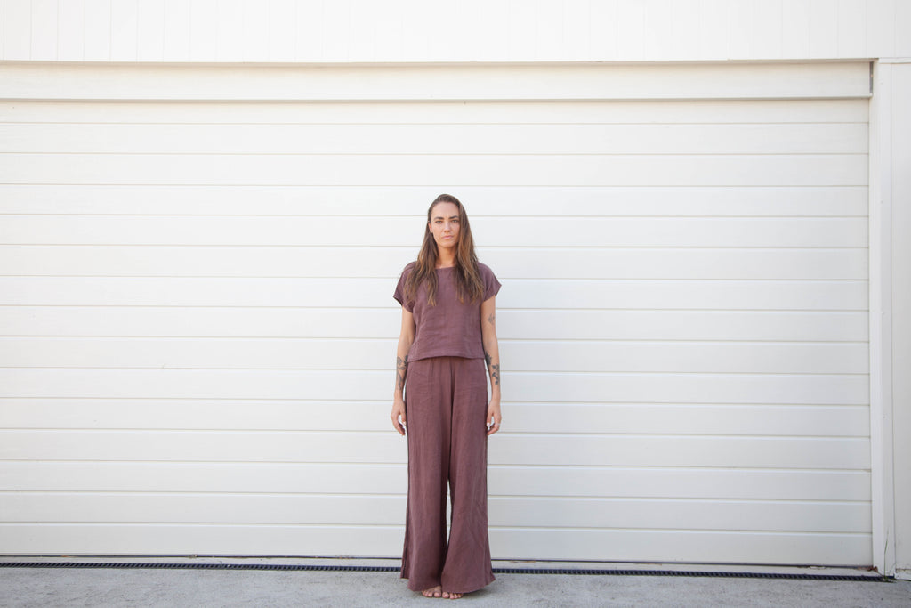 Moni Piping Pant - Chocolate Linen with Black Piping