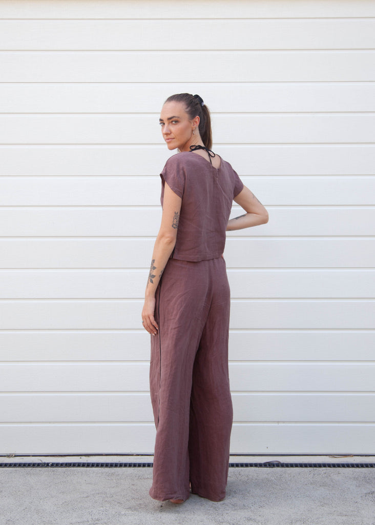 Josiane Top - Chocolate Linen with Black Silk Piping