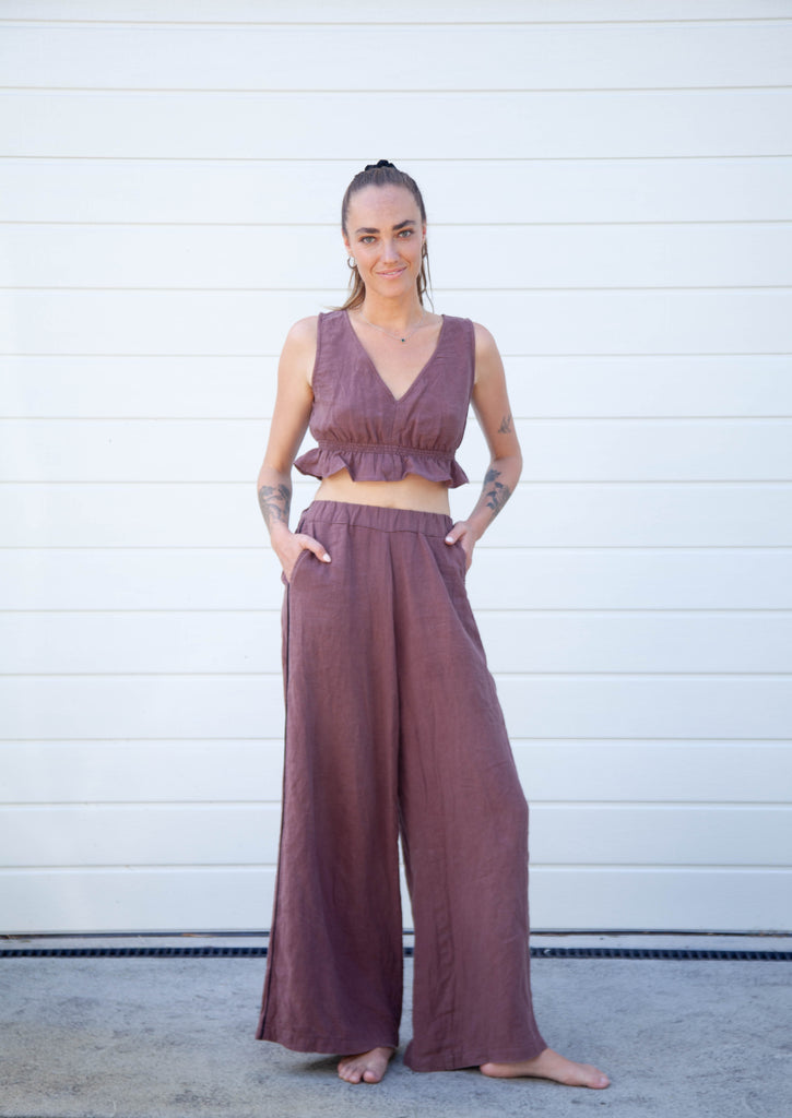 Moni Piping Pant - Chocolate Linen with Black Piping