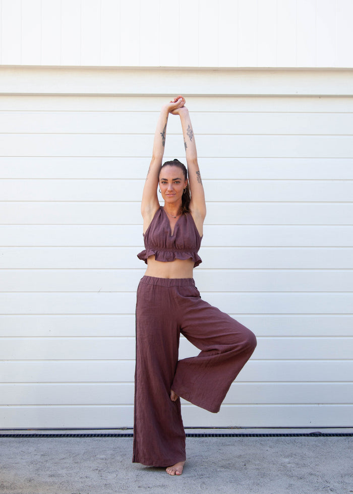 Moni Piping Pant - Chocolate Linen with Black Piping