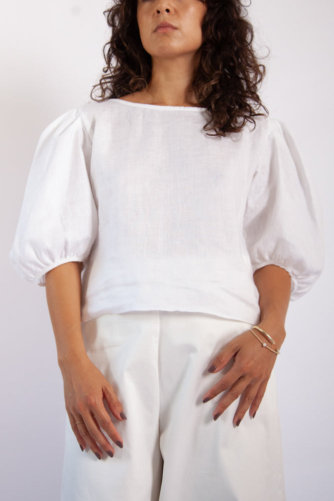 Eloise Puff Sleeve Top - White Linen