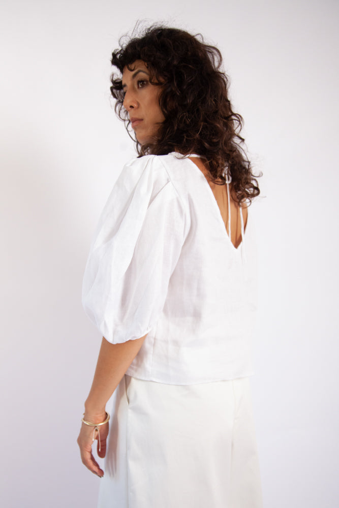 Eloise Puff Sleeve Top - White Linen