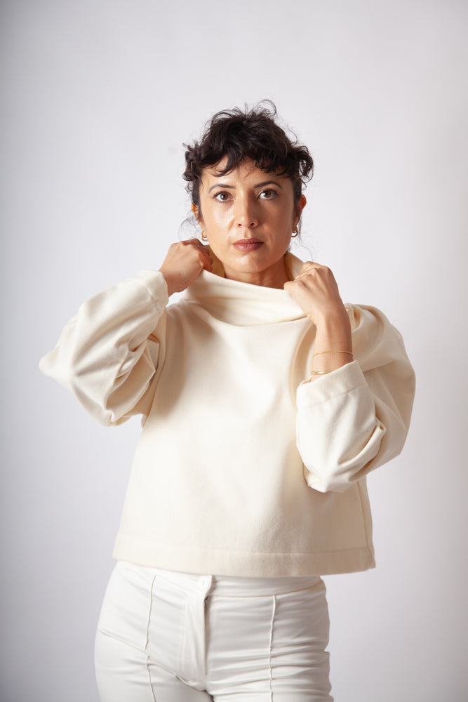 Tahlia Long Knife Pleat Sleeve Top - Ecru Fine Wool Weave
