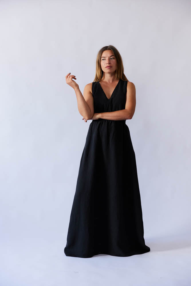 Lani Dress - Black Antique Wash Linen