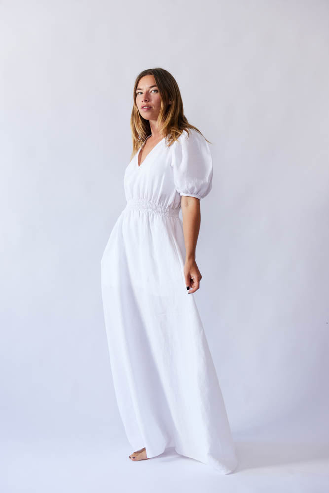 Lani Puff Sleeve Dress - White Antique Linen