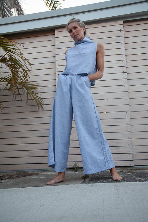 Mona Pant - Grey/Blue Linen Cotton Fine Stripe